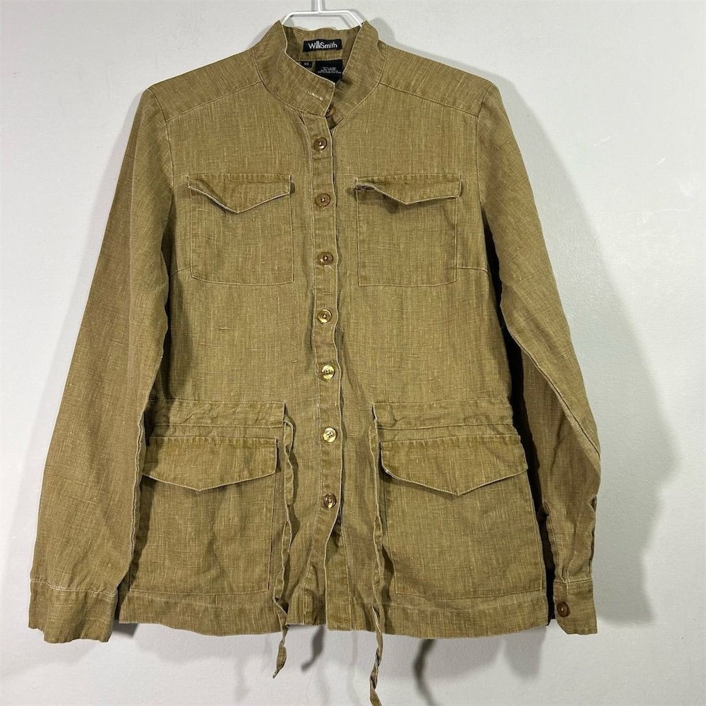 Willi Smith Women's XS Khaki‎ Military Style Jacket Button-Up Mid-Length Linen